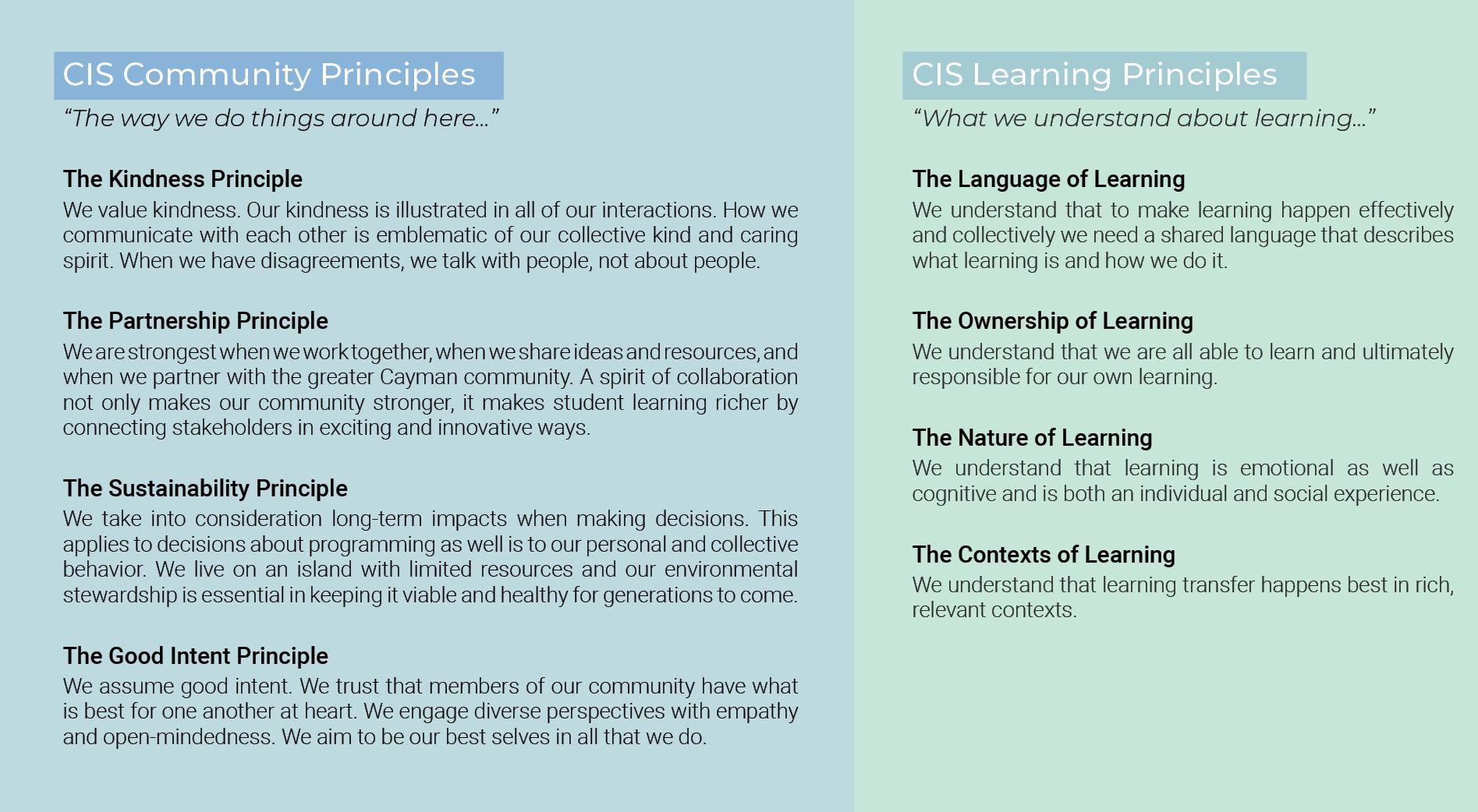 CIS Principles CIS Core Learning Priciples